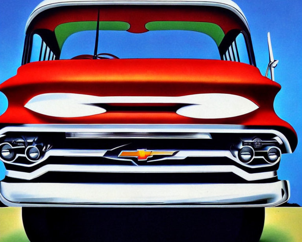 Stylized classic red and white Chevrolet on blue sky background