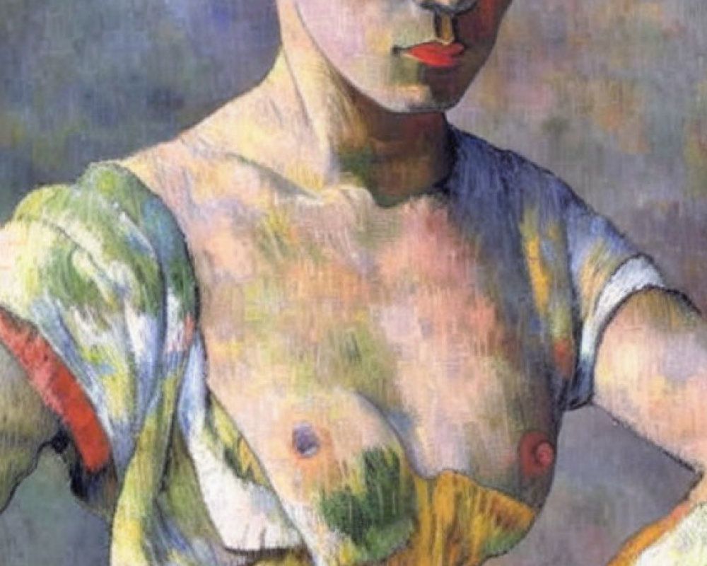 Portrait of Woman in White Blouse with Colorful Accents