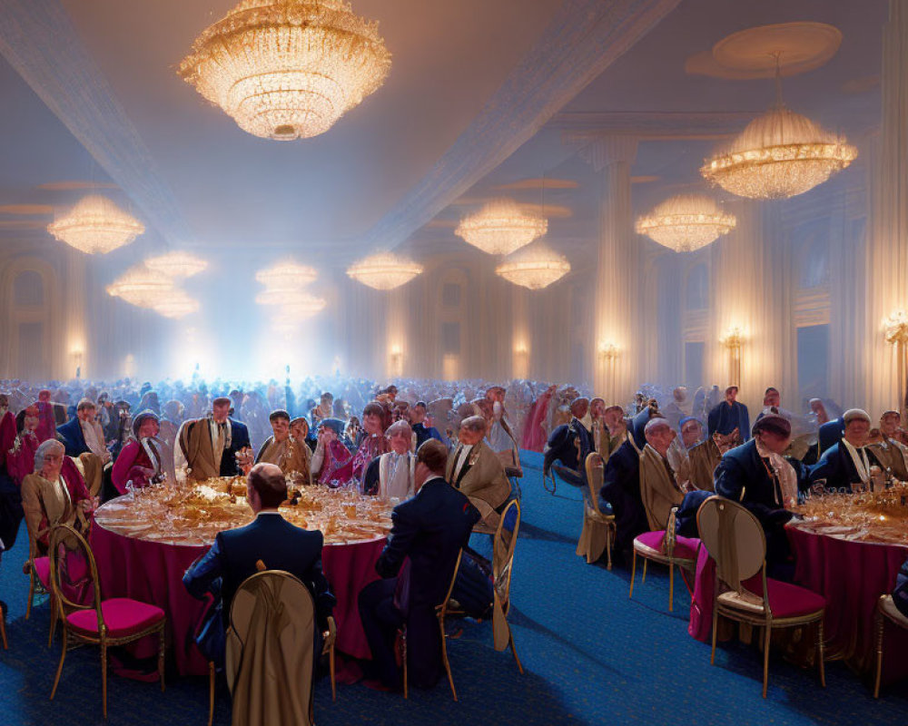 Formal banquet hall with round tables, chandeliers, and blue ambiance