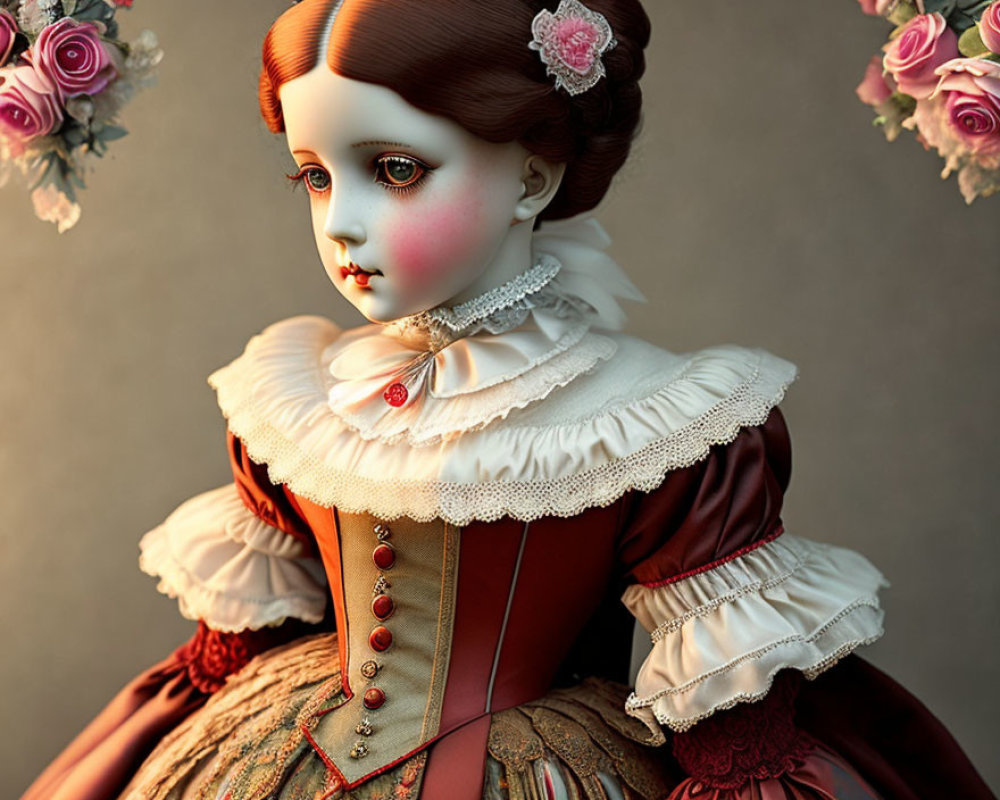 Victorian porcelain doll with rosy cheeks in lace dress and floral hair accessories