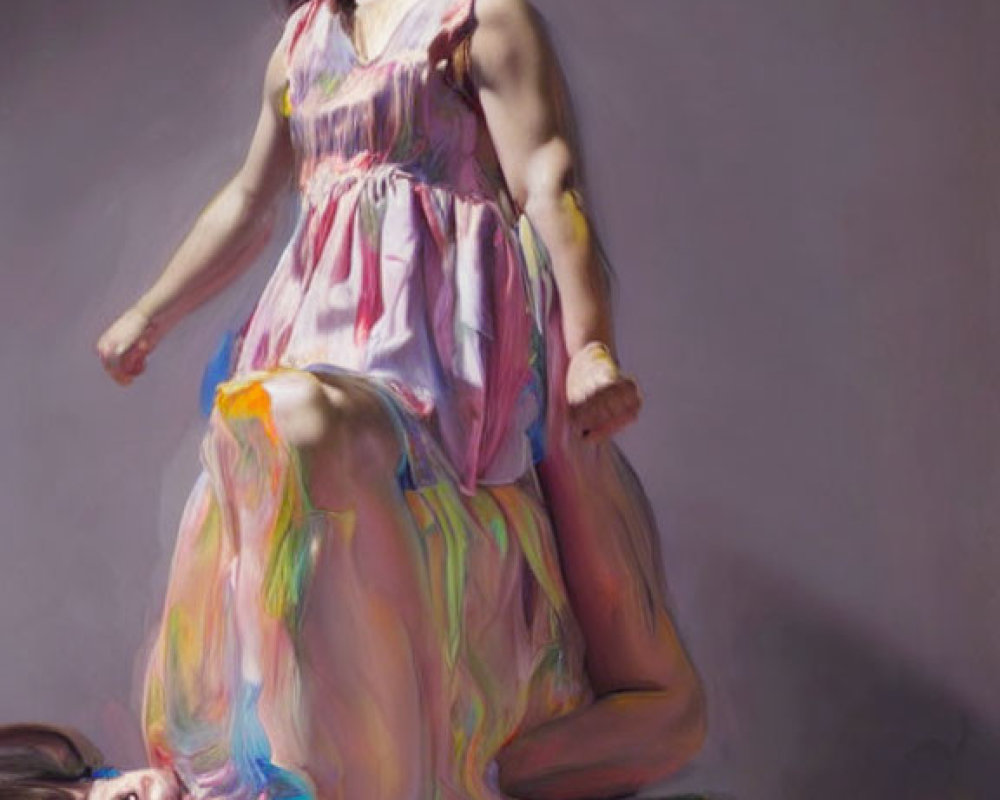 Colorful Dress Girl Sitting on Reflective Surface Merging with Painted Figure