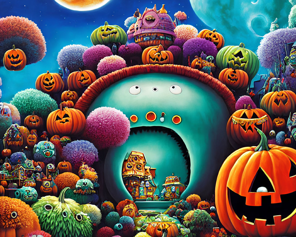 Whimsical Halloween illustration with pumpkins and spooky mansion