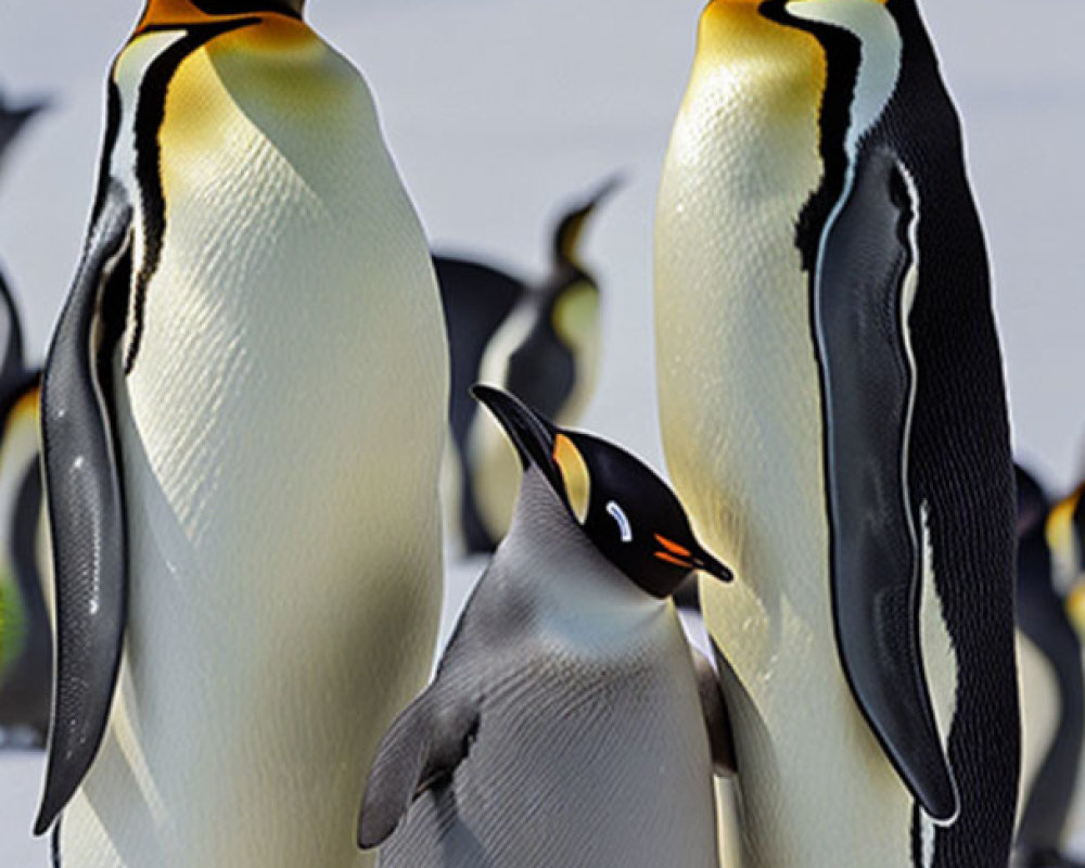 King Penguins Family on Snow with Blue Sky Background