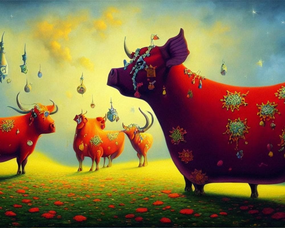 Ornate Red Bulls Painting in Vibrant Field