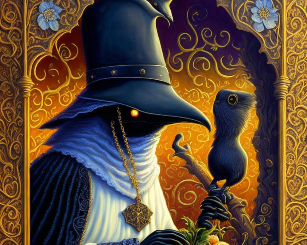 Figure in Blue Cloak & Plague Doctor Mask with Blackbird, Orange Flowers & Gold Patterns