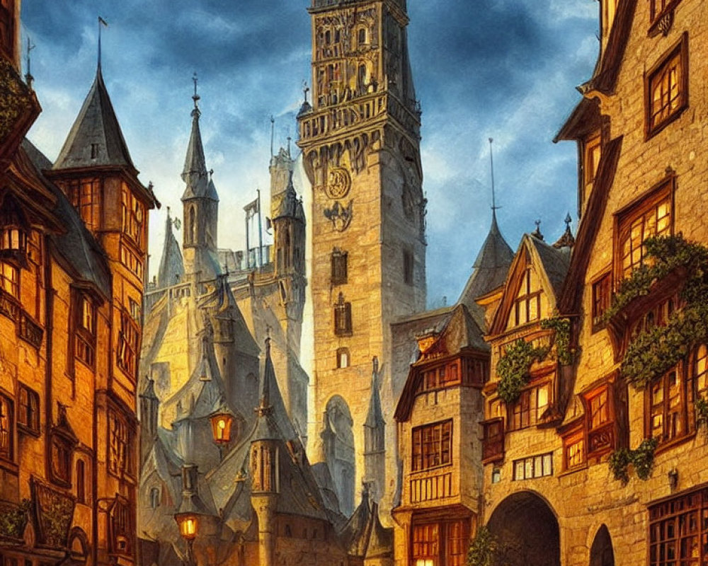 Medieval town at dusk: illuminated windows, cobblestone streets