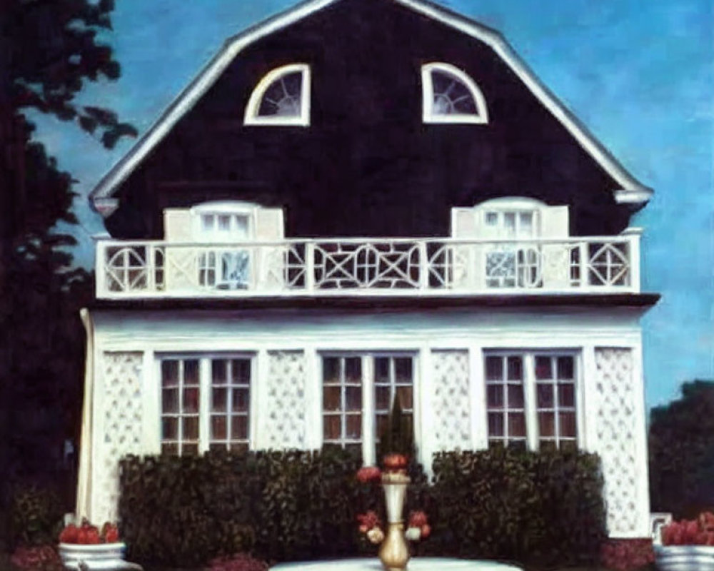 Blue two-story house with white trim and lush garden under clear sky