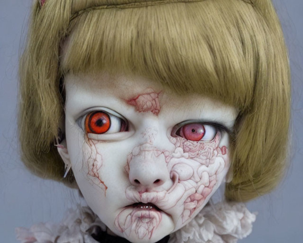 Creepy Doll with Orange Eyes and Veiny Skin in Pink Dress