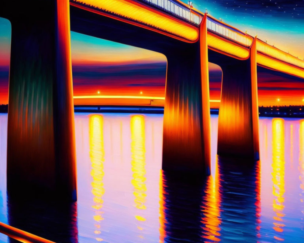 Colorful painting: Bridge at sunset with starry sky & water reflections