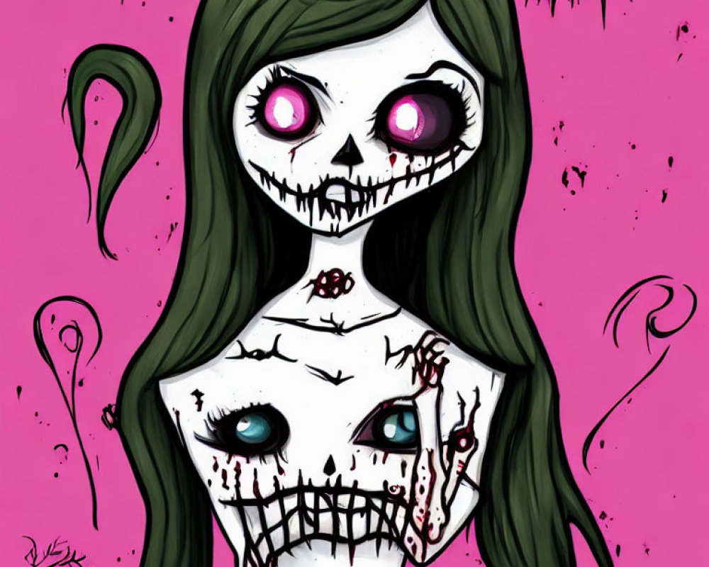 Sinister skeletal girl with green hair and blood stains on pink background