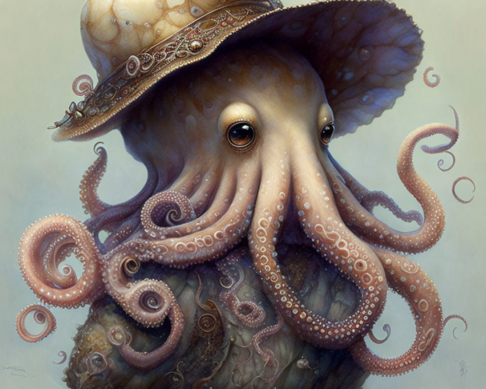 Detailed octopus illustration with ornate shell hat and curly tentacles on neutral background