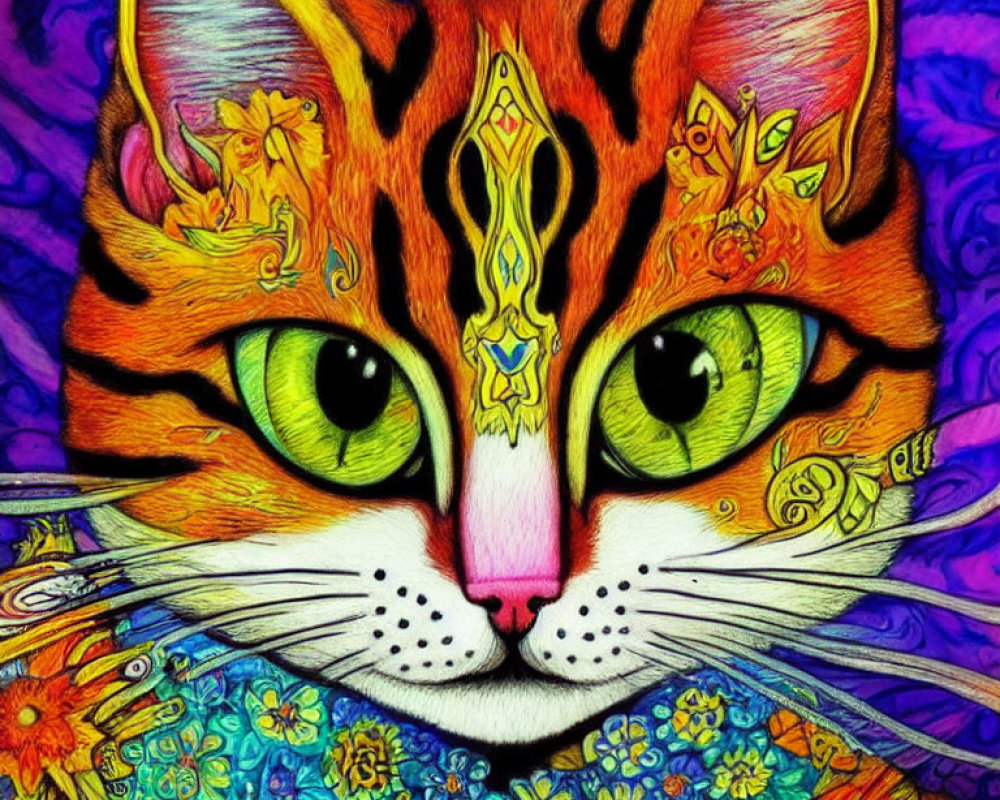 Colorful Cat Illustration with Intricate Patterns and Green Eyes