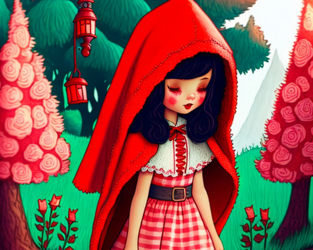 Stylized illustration of girl in red hood in forest with lantern and red flowers