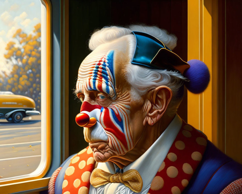 Elderly clown with sad expression by window, yellow bus & autumn trees in background