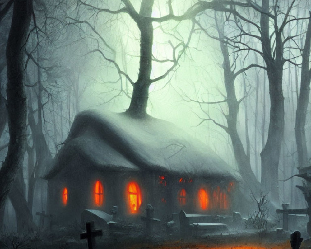 Spooky illustration: Thatched cottage in misty, grave-filled forest