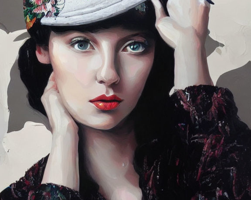 Portrait of a Woman with Striking Blue Eyes and Red Lips in Floral Cap