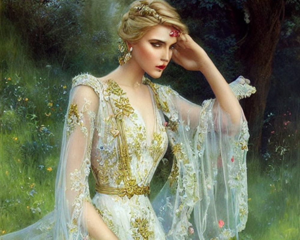 Detailed White and Gold Gown on Elegant Woman in Meadow