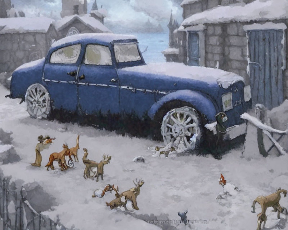 Vintage blue car surrounded by playful dogs in snowy scene