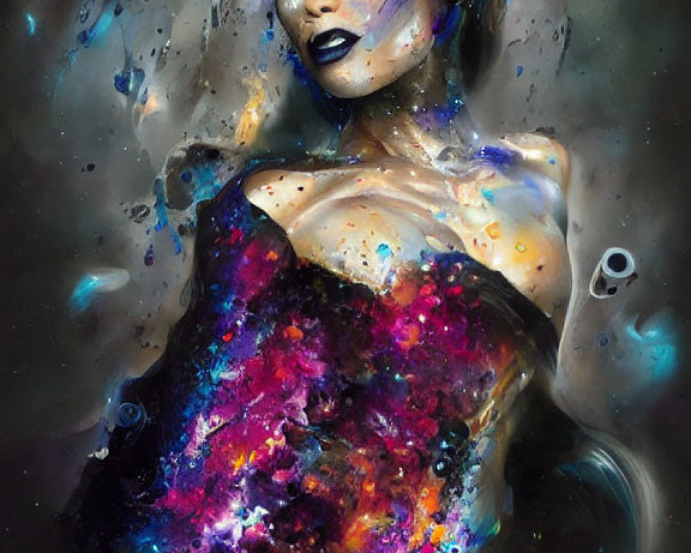 Cosmic-themed body paint and makeup on a woman against starry background