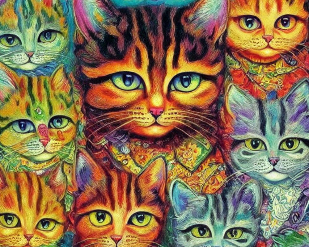 Vibrant psychedelic cat faces merging in artwork