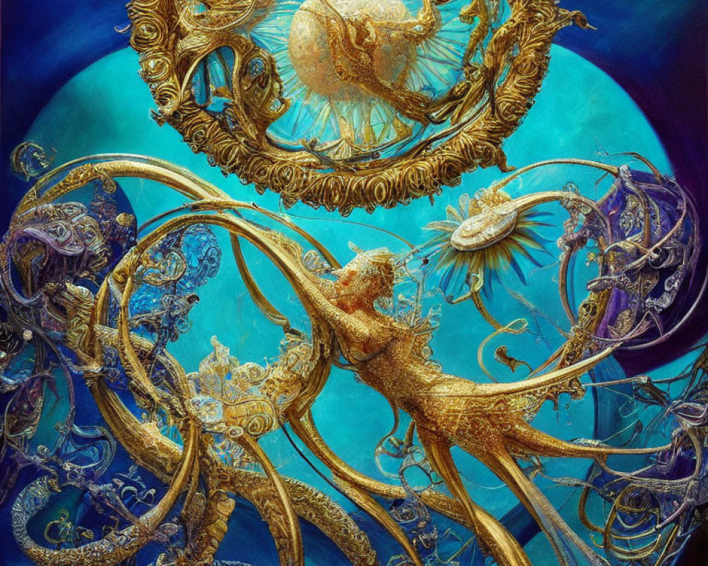 Golden Figure Surrounded by Cosmic Motifs on Blue Background