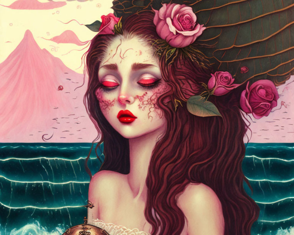 Fantasy artwork: Woman with floral adornments, blood tears, waves backdrop, surreal romantic atmosphere