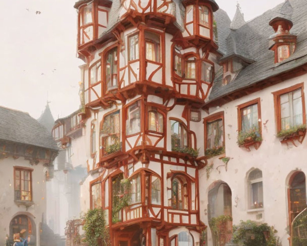 Whimsical multi-storied building with pointed roofs and red timber framing in serene courtyard.