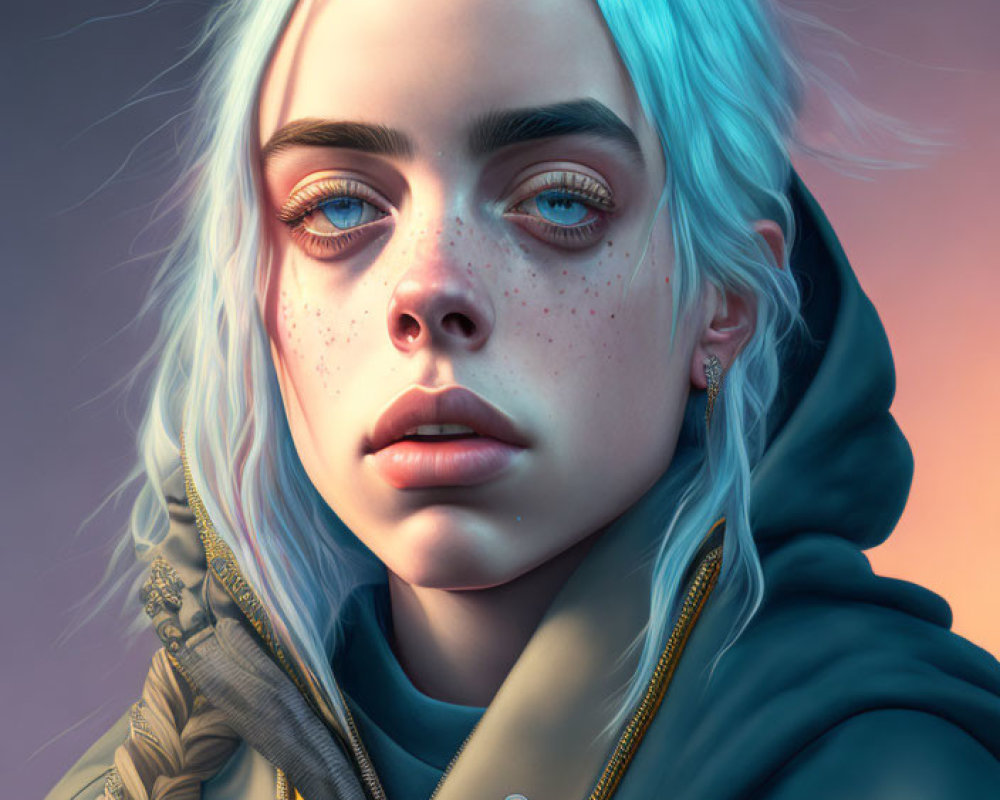 Portrait of a person with blue hair, brown eyes, freckles, hoodie, and embroidered jacket