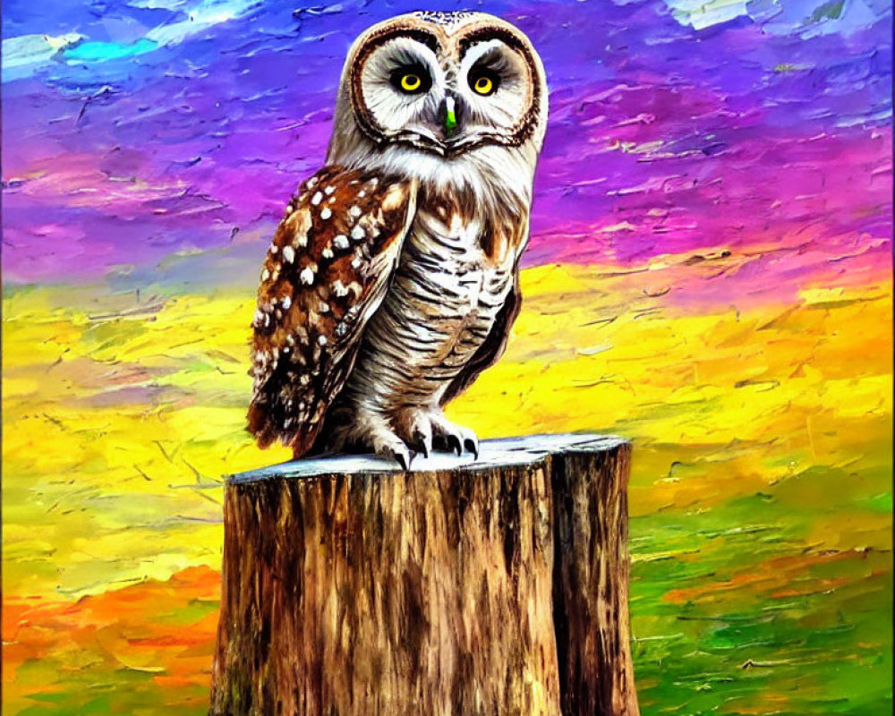 Striking Owl with Large Yellow Eyes Perched on Tree Stump