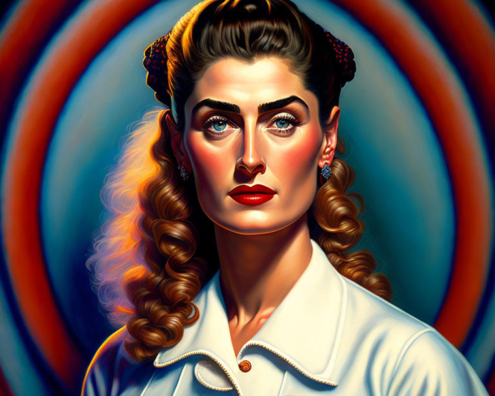 Vintage-style portrait of woman with wavy hair and blue eyes in white shirt on red-orange background