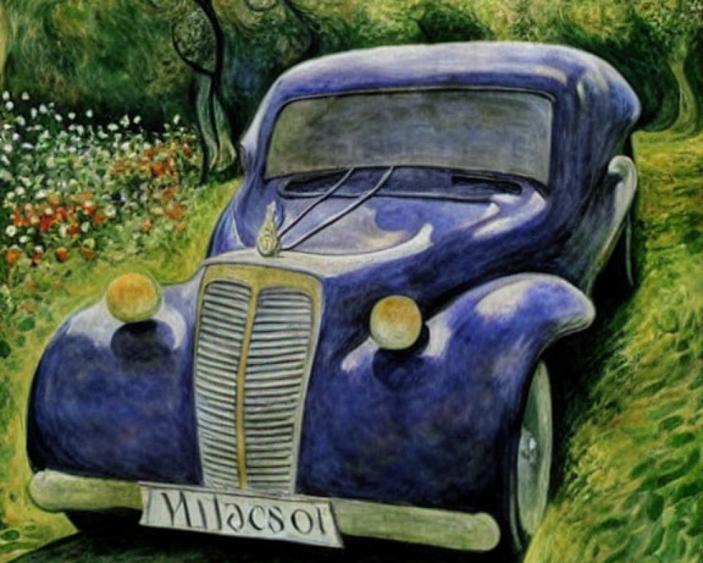 Vintage Blue Car in Lush Greenery with Colorful Flowers