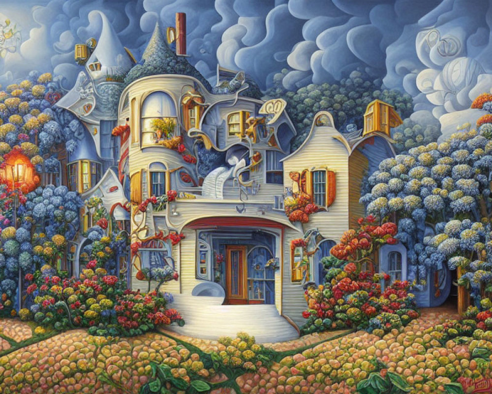 Surreal Victorian house painting with oversized floral bushes