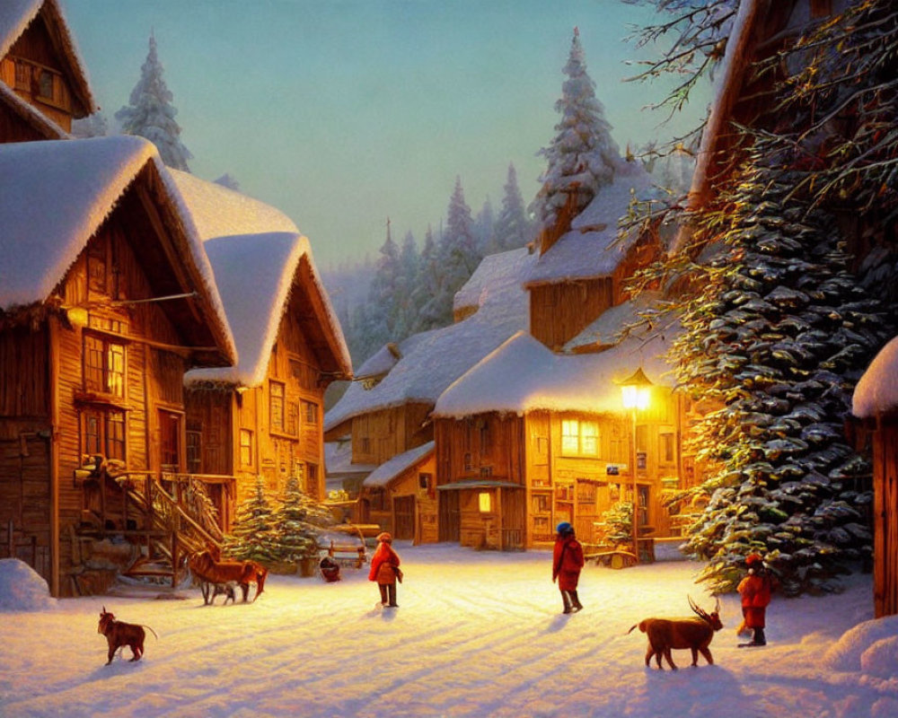 Snowy Village Scene: Cozy Houses, People, and Dogs in Winter Dusk