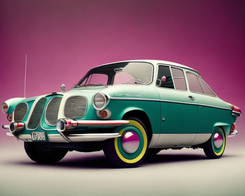 Vintage Teal Car with White Roof and Round Headlights on Pink Background