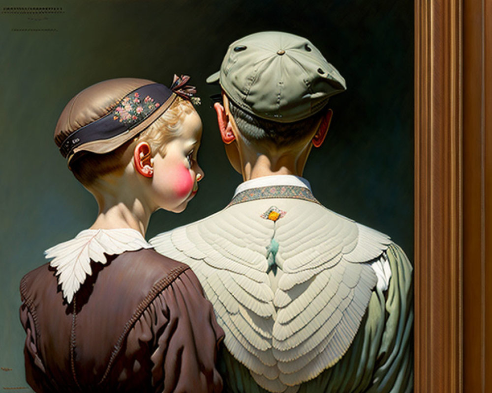 Surreal painting: Two figures with bird-like heads in vintage attire, looking at a frame