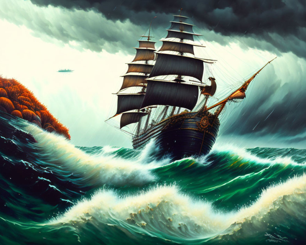 Illustration of Large Sailing Ship in Stormy Sea with Autumn Trees