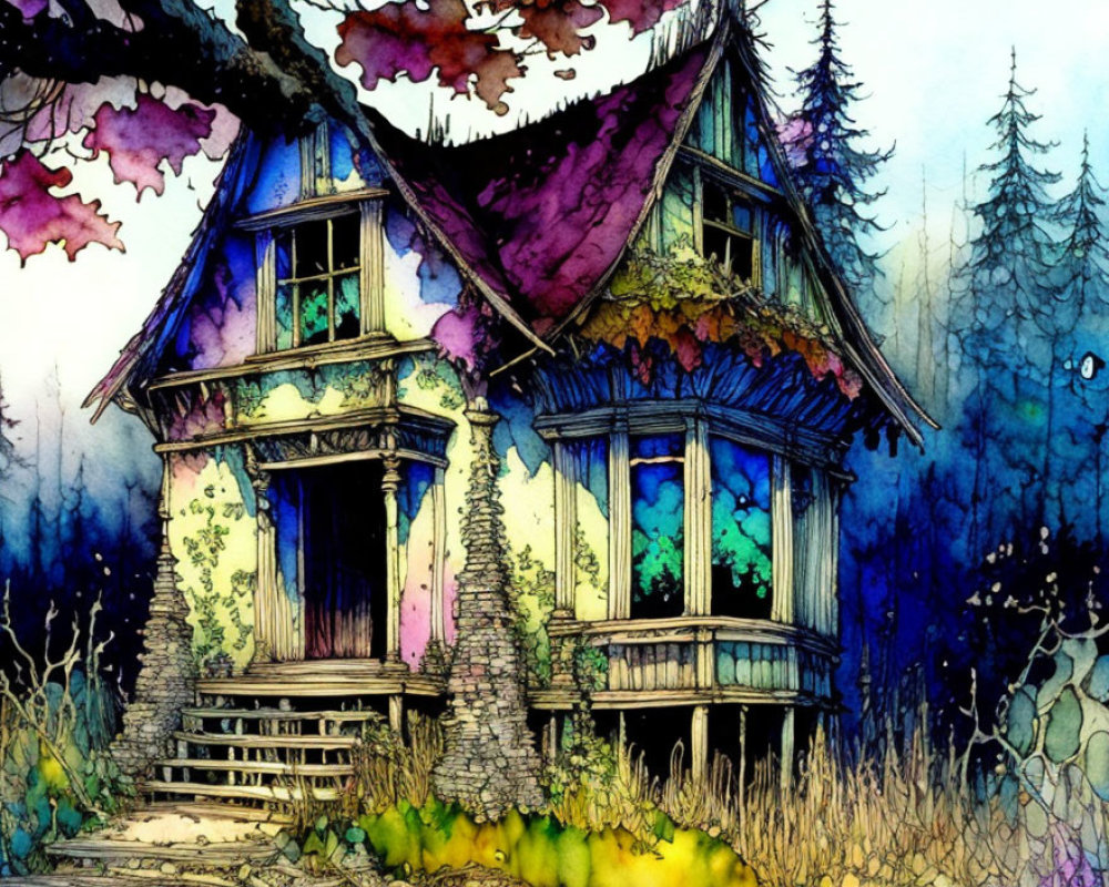 Colorful Victorian House in Mystical Forest