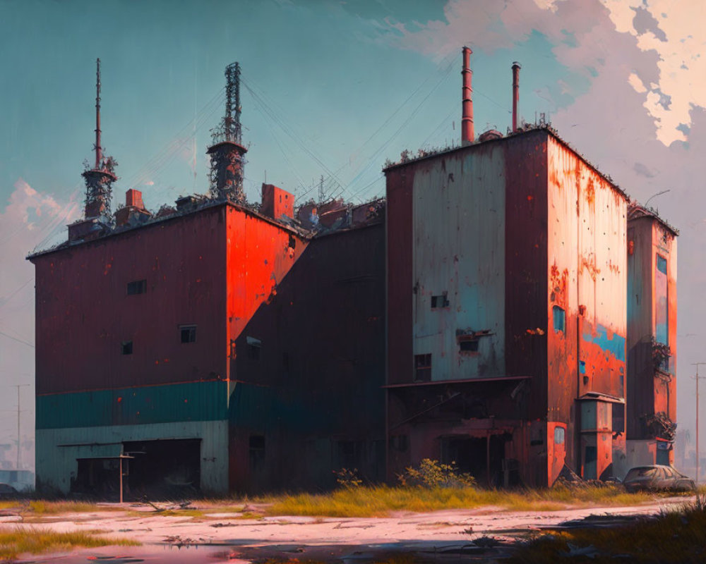 Abandoned industrial building with peeling red paint, hazy sky, overgrown vegetation, and solitary