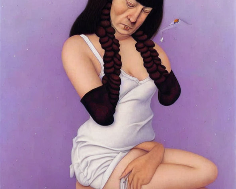 Surreal painting of seated figure with long braided hair, butterflies, white top, black gloves