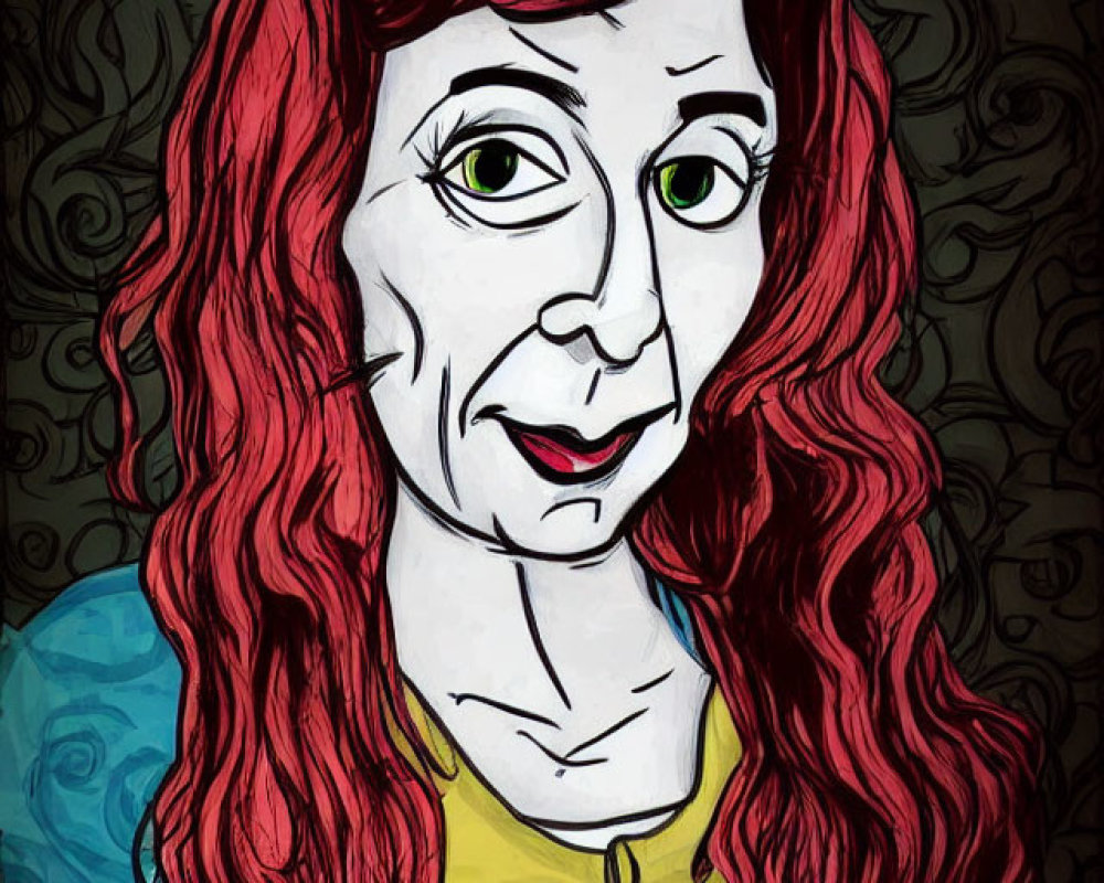 Stylized Woman with Red Hair and Green Eyes in Yellow Top on Ornate Background