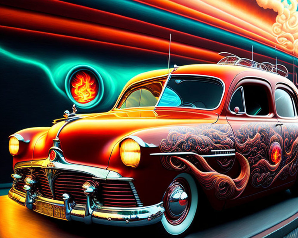 Vibrant classic car with red and orange flame design in digitally enhanced image