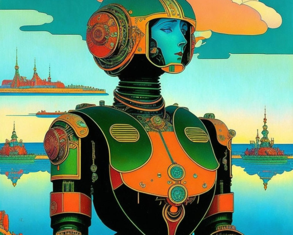 Colorful futuristic female robot illustration with ornate helmet and body armor in sunset setting.