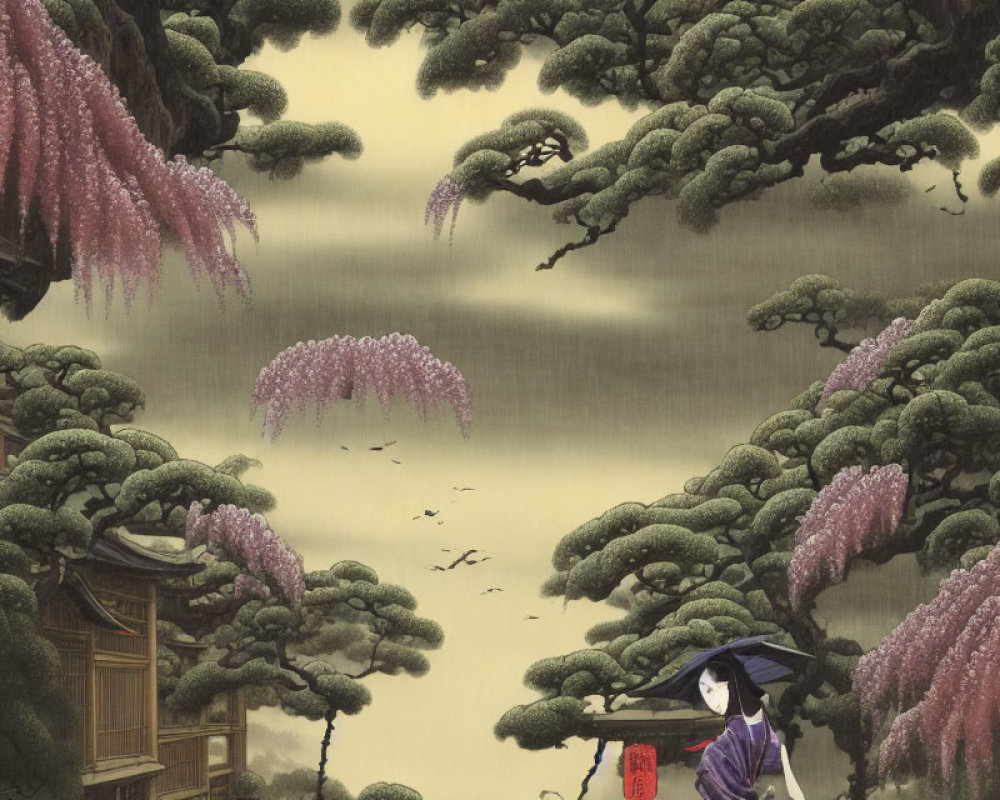 Japanese-style illustration of figure in traditional attire under vibrant wisteria canopy