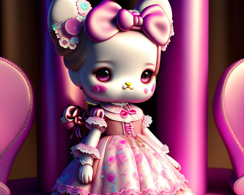 Stylized doll illustration with large bow and pink dress