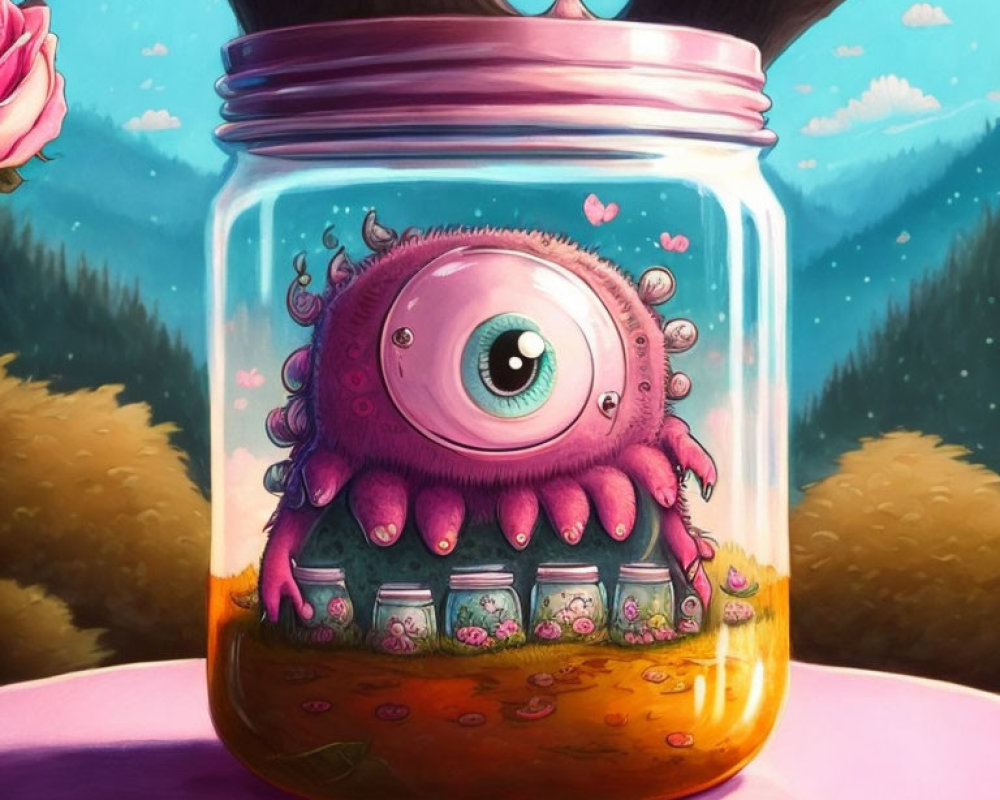 Colorful one-eyed creature in jar with forest backdrop and owl