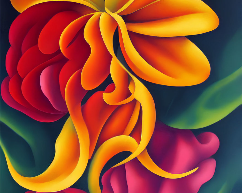 Colorful Abstract Floral Painting with Swirling Petals on Dark Background