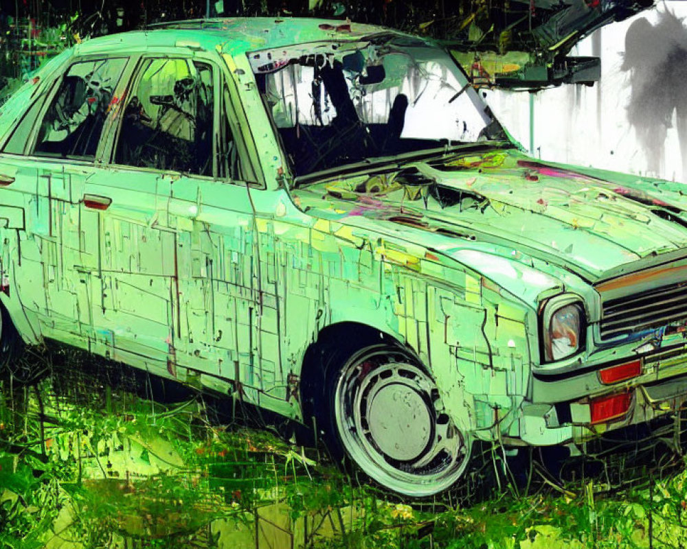 Colorful digital artwork: Abandoned car in green hues and graffiti textures