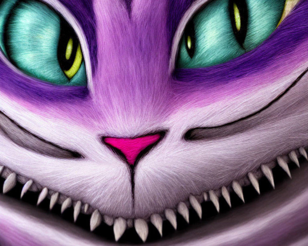 Detailed close-up of vibrant Cheshire Cat with green eyes and purple fur