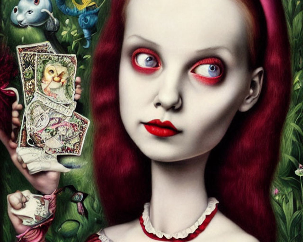 Surreal Character with Red Eyes Holding Playing Cards and Fantastical Creatures