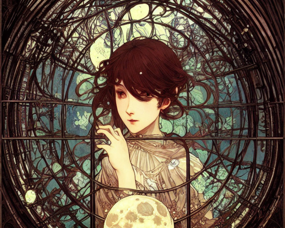 Dark-haired girl holding glowing moon in intricate floral lattice.